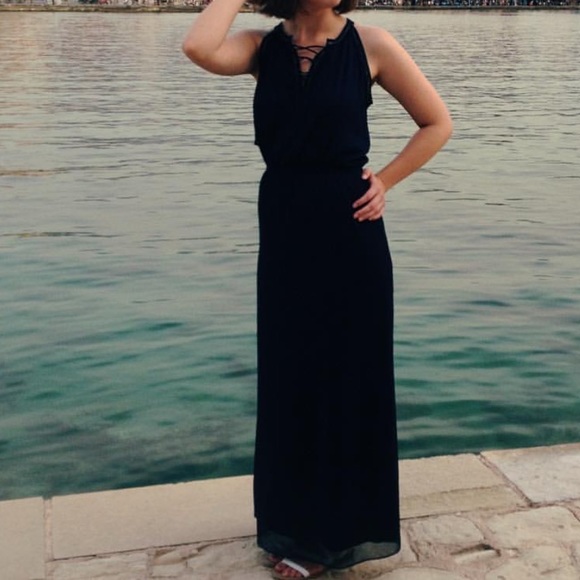 Dark Blue Cremieux Maxi Dress w/ Lace Up Front - Picture 4 of 4